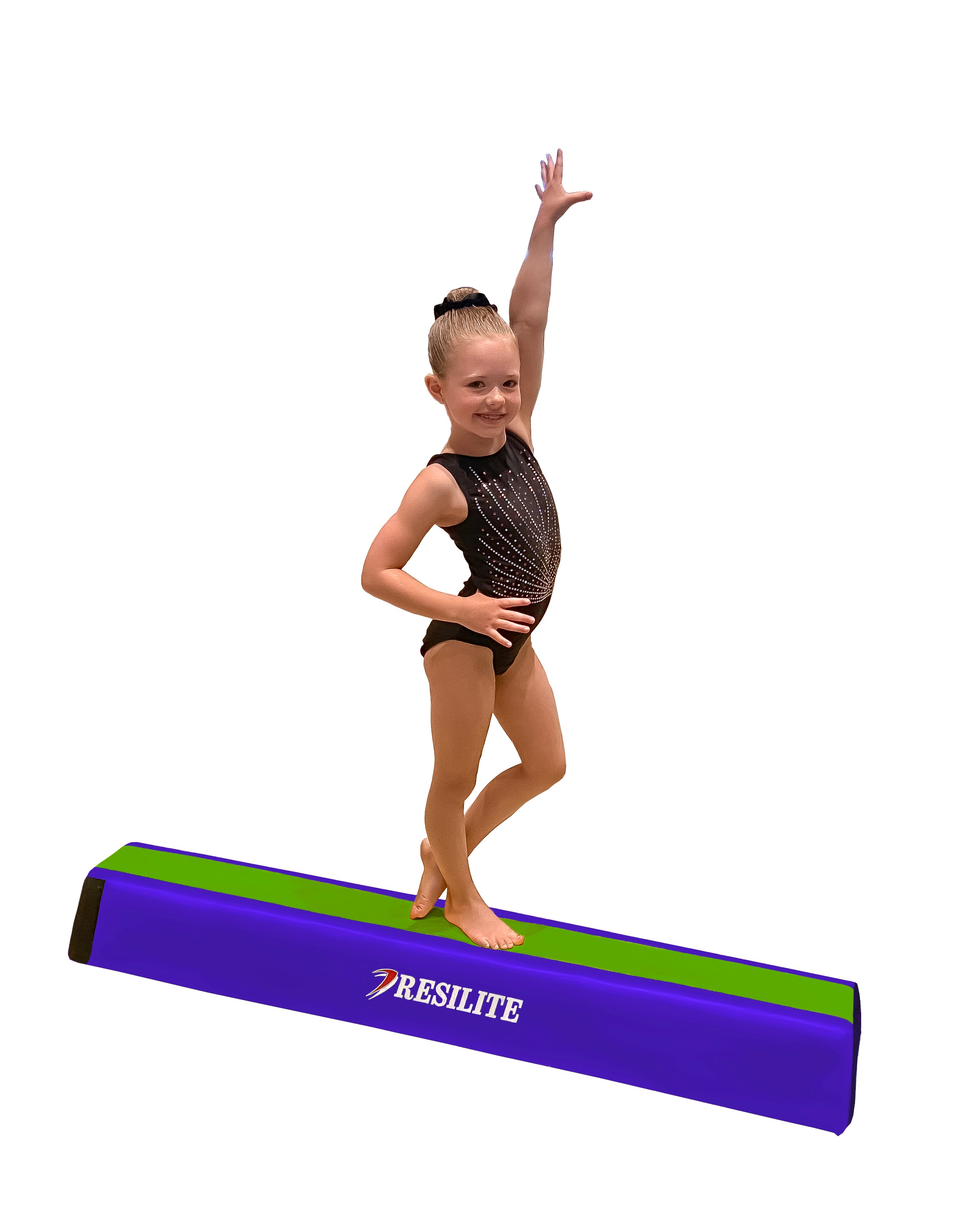 Gymnast on a Resilite balance beam with a white background