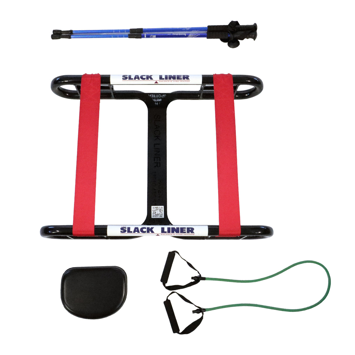 The Slack Liner package contents including resistance band trekking poles and seat attachment