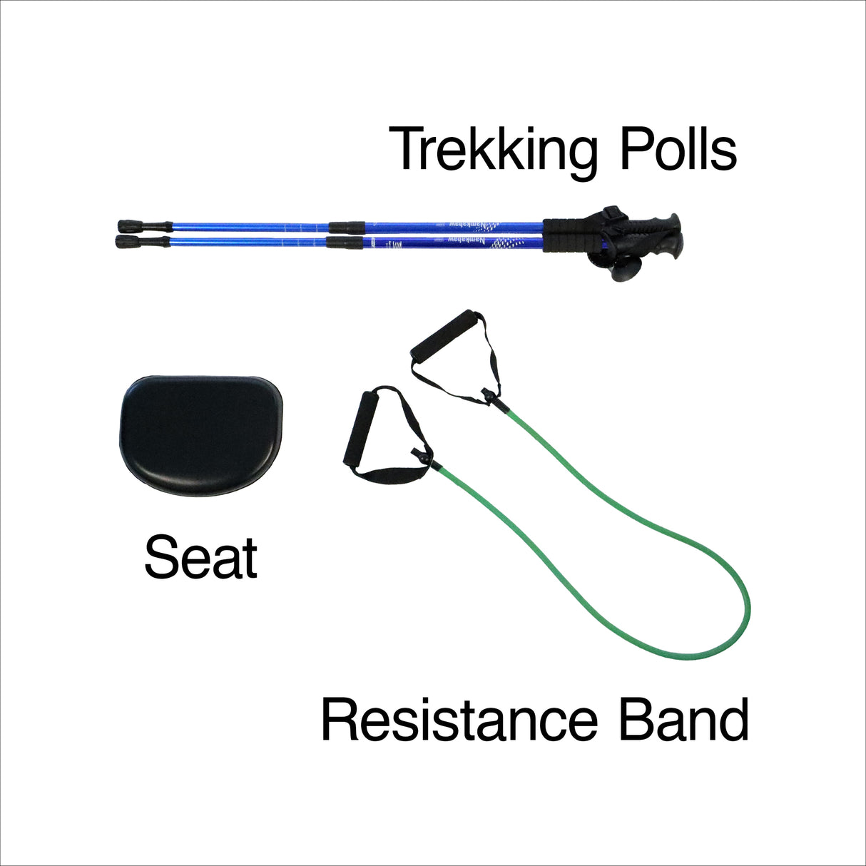 Additional equipment included with The Slack Liner, including resistance band trekking poles and seat attachment