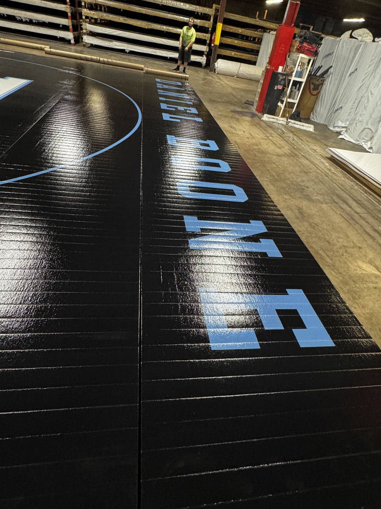 Flex 3 Wrestling Mat 38' x 38' Black With Blue Markings and Logo