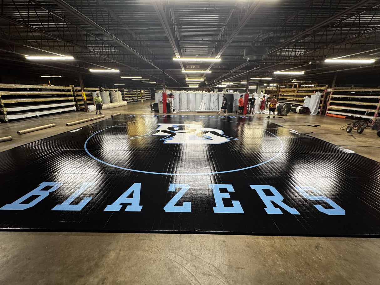 Flex 3 Wrestling Mat 38' x 38' Black With Blue Markings and Logo
