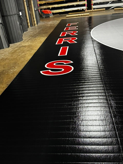 Flex 3 Wrestling Mat 41' 8" x 42' Black and Gray with Lettering and Logos
