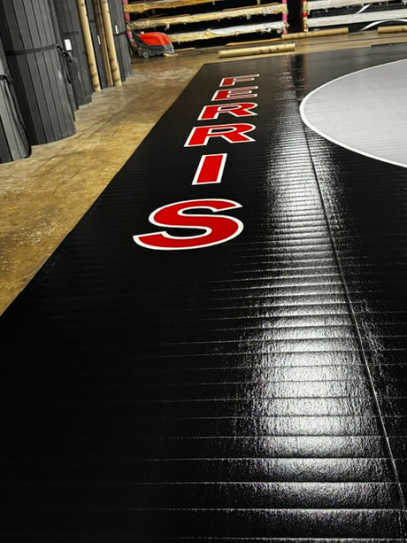 Flex 3 Wrestling Mat 41' 8" x 42' Black and Gray with Lettering and Logos