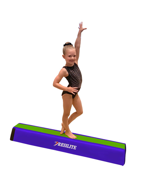 Gymnast on a Resilite balance beam with a white background