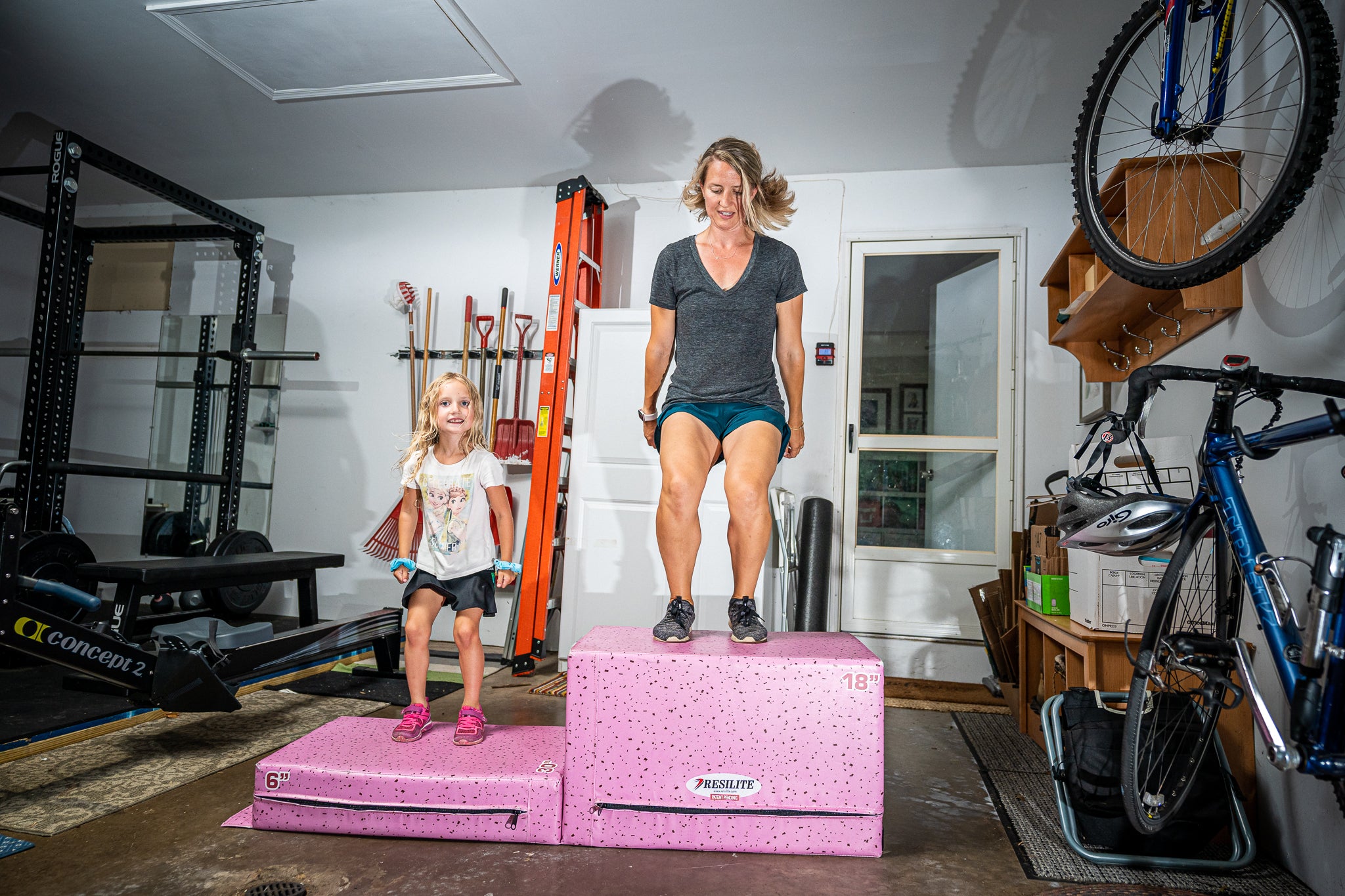 child and mom work out